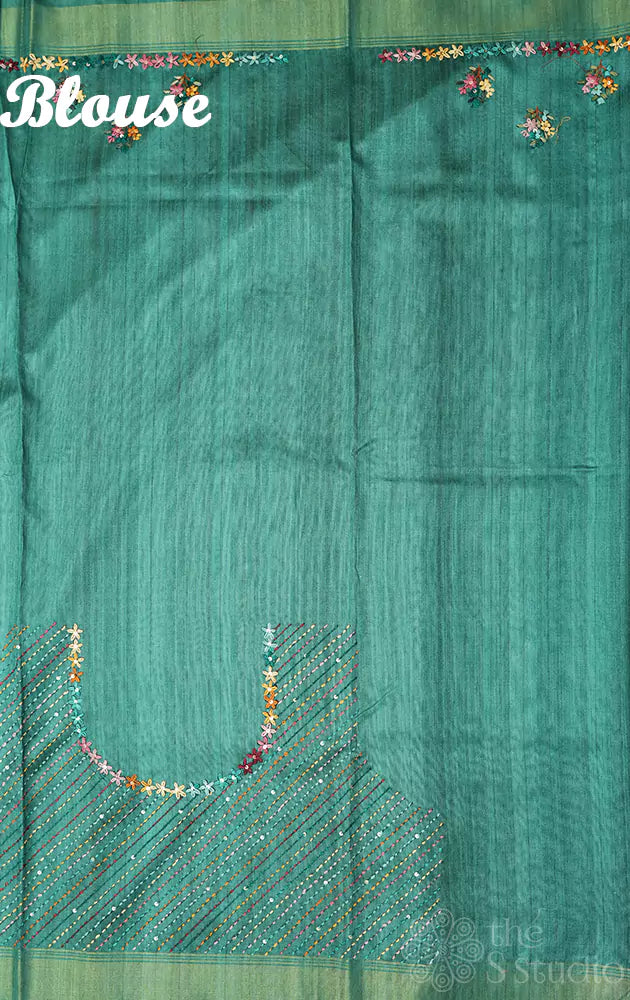 Beige semi tussar saree with floral embroidery