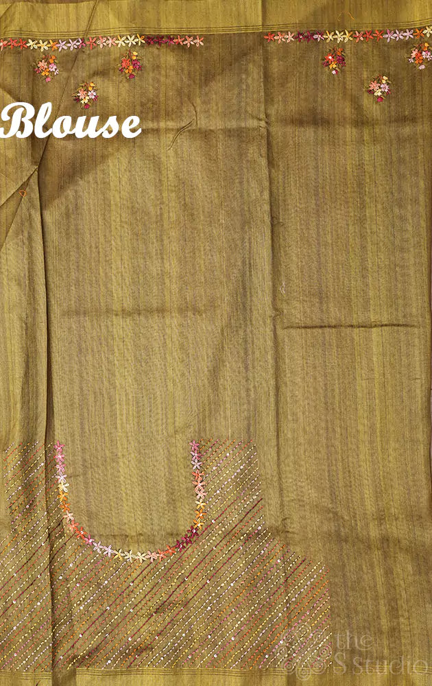Beige semi tussar saree with light green border