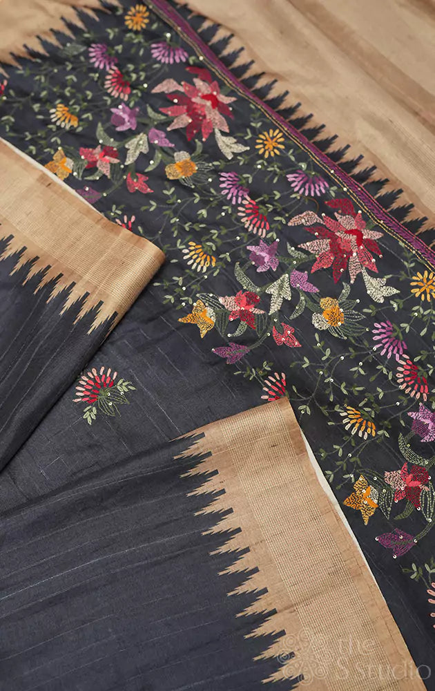 Dark grey semi tussar saree with embroidery