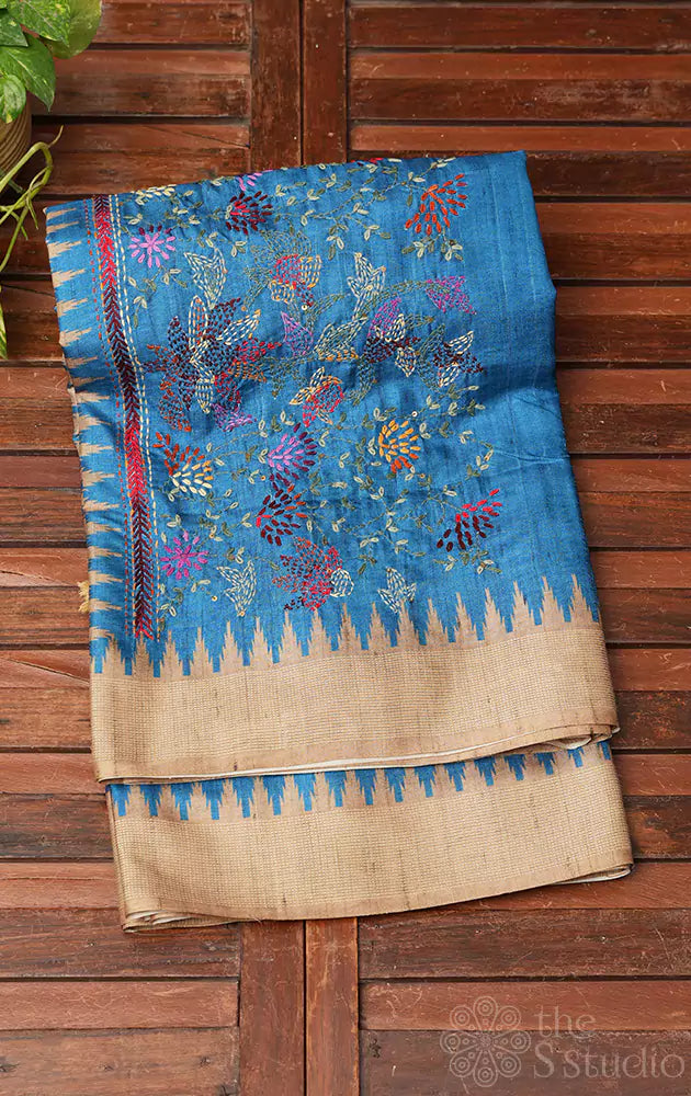 Light blue semi tussar saree with floral embroidery