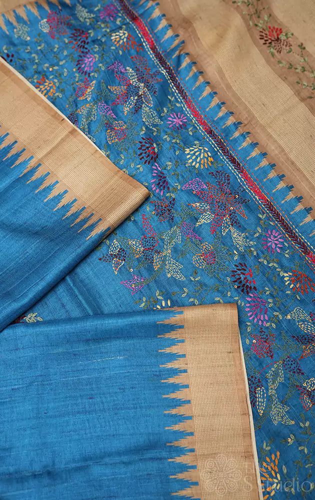Light blue semi tussar saree with floral embroidery