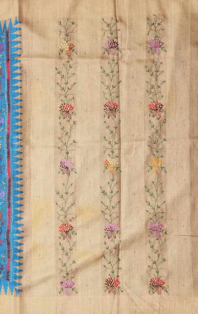 Light blue semi tussar saree with floral embroidery