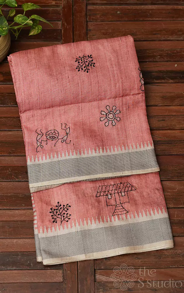 Peach semi tussar saree with beige border and embroidery