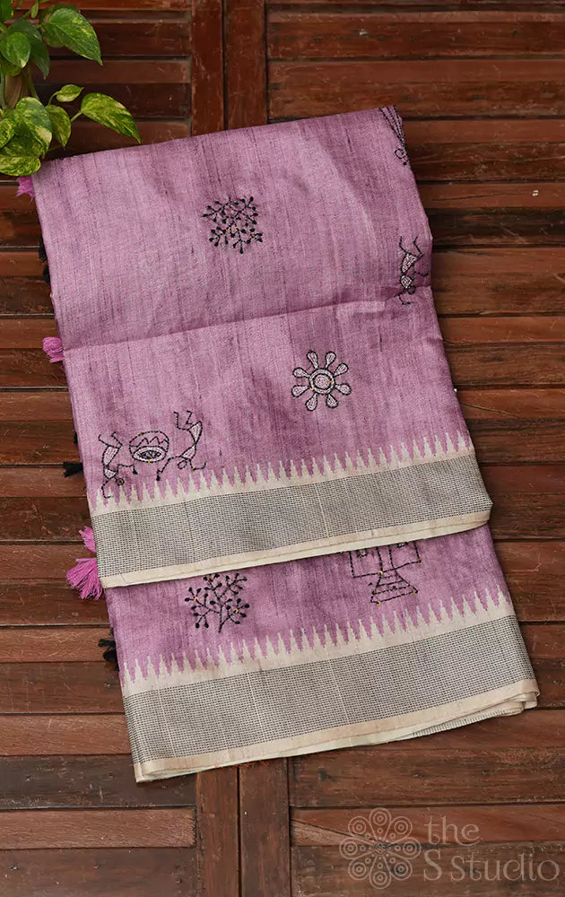 Lavender semi tussar saree with embroidery
