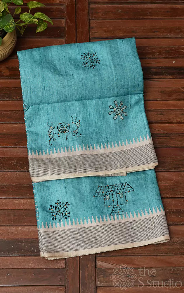 Sea blue semi tussar saree with temple border and embroidery