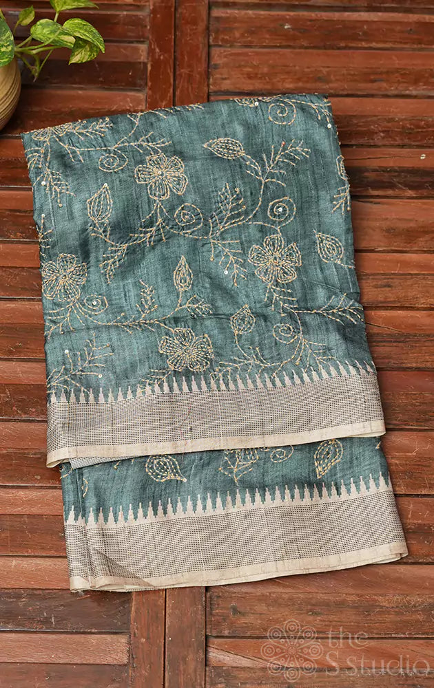 Olive green semi tussar saree with floral  embroidery