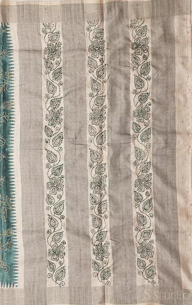 Teal semi tussar saree with floral  embroidery