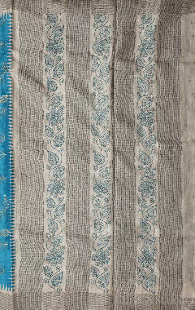 Blue semi tussar saree with temple border and embroidery