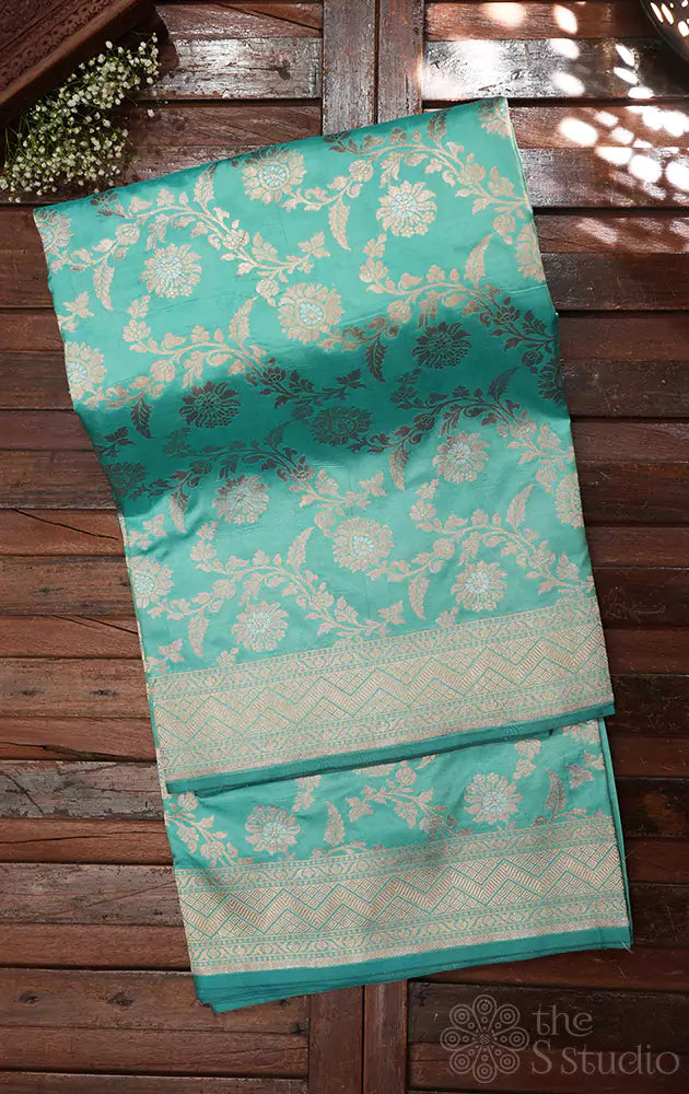 Sea blue handloom banarasi katan silk saree with floral zari weave