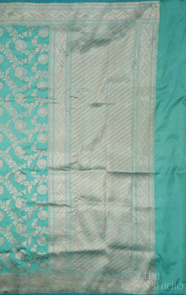 Sea blue handloom banarasi katan silk saree with floral zari weave