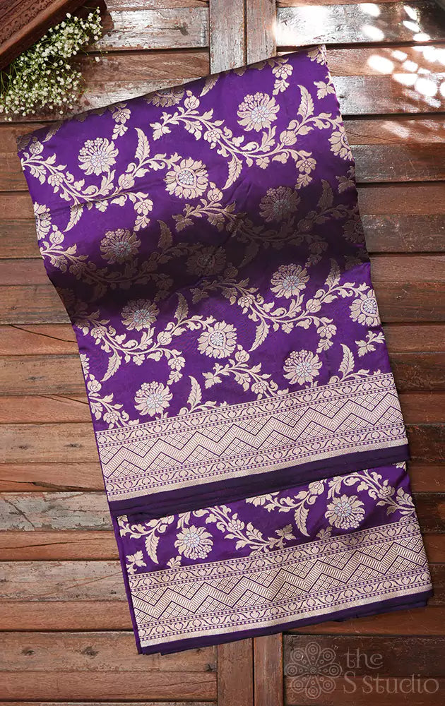 Purple handloom banarasi katan silk saree with zari border