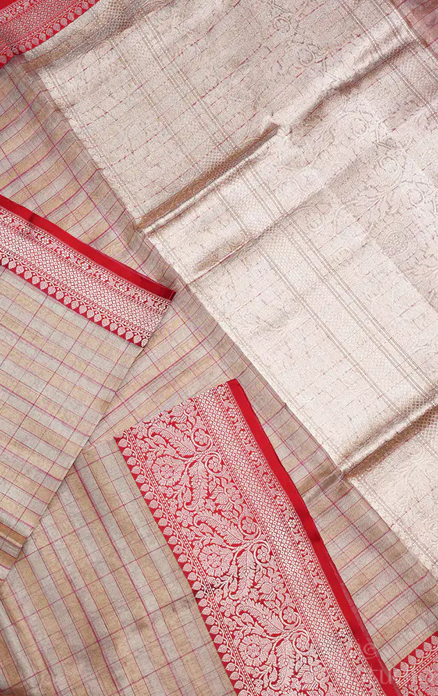 Beige checked banarasi tissue silk saree with red border