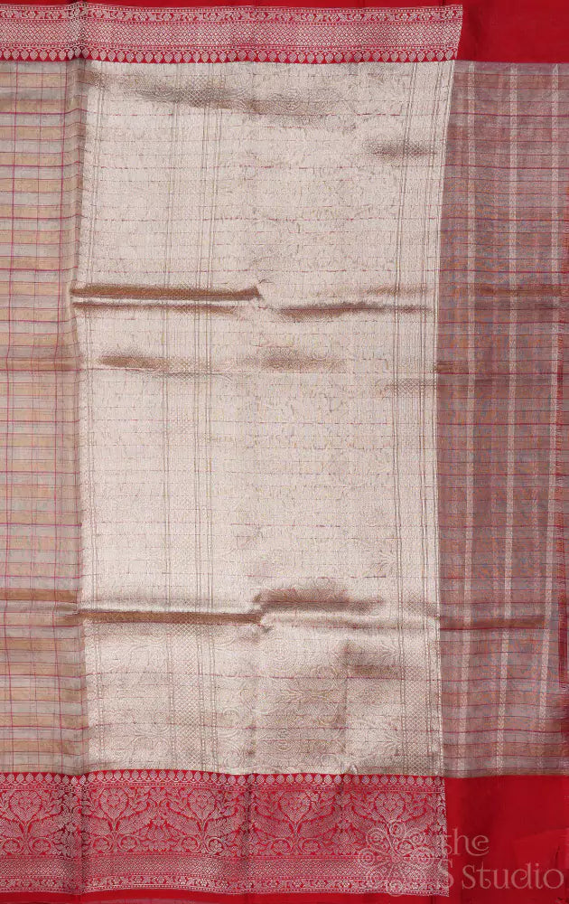 Beige checked banarasi tissue silk saree with red border
