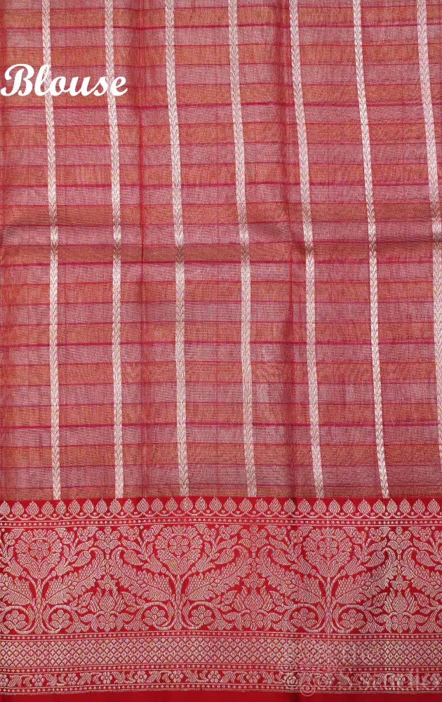 Beige checked banarasi tissue silk saree with red border