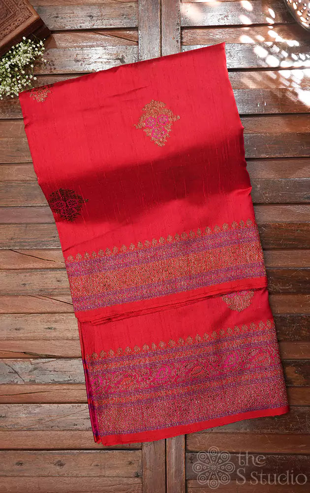 Red handloom raw silk banarasi saree with antique zari border