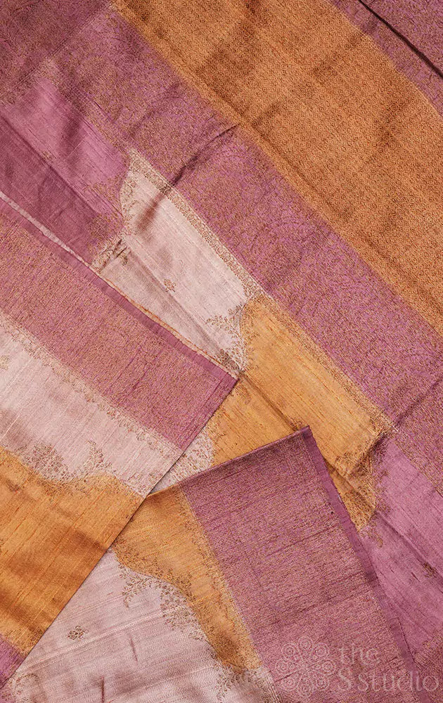 Mustard and onion pink rangkaat design handwoven raw silk banarasi silk saree