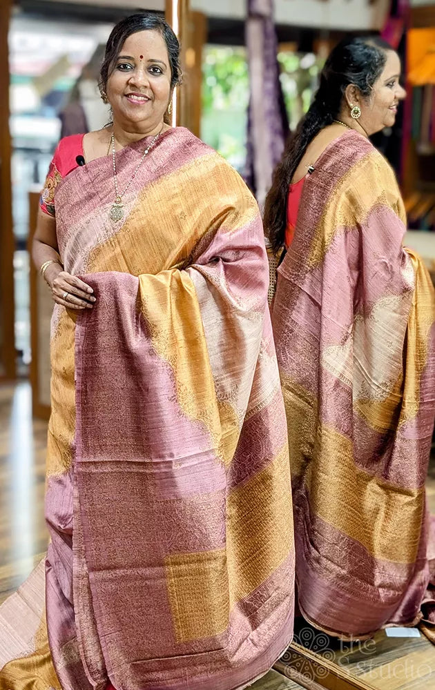 Mustard and onion pink rangkaat design handwoven raw silk banarasi silk saree