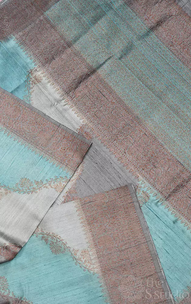 Grey and light blue rangkaat design handloom raw silk banarasi silk saree