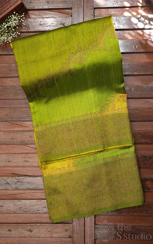 Yellow and light green rangkaat design handloom raw silk banarasi silk saree
