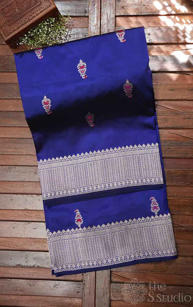 Navy blue katan banarasi silk saree with antique border and kadwa butta