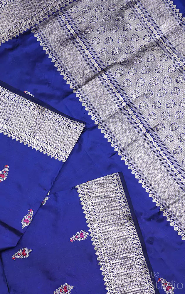 Navy blue katan banarasi silk saree with antique border and kadwa butta