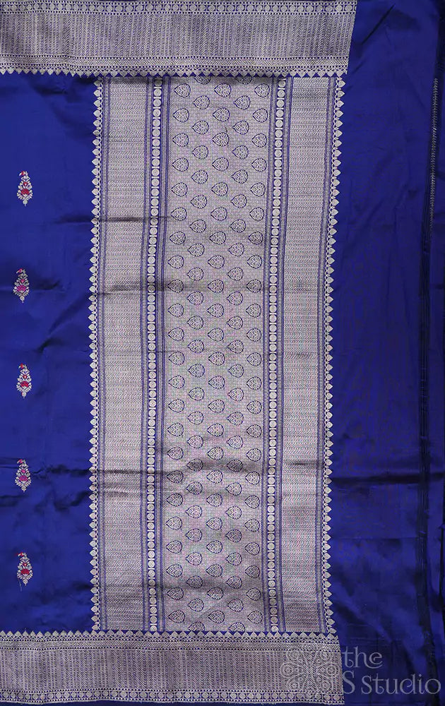 Navy blue katan banarasi silk saree with antique border and kadwa butta