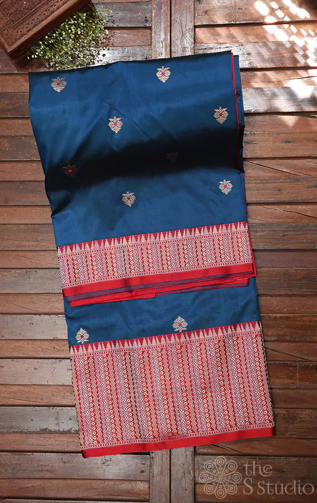 Peacock blue katan banarasi silk saree with red border