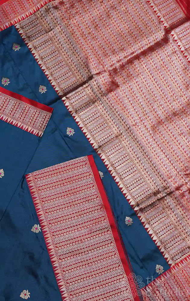 Peacock blue katan banarasi silk saree with red border