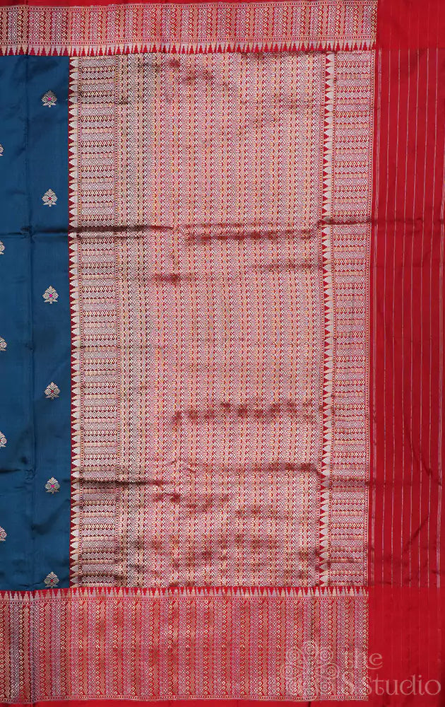 Peacock blue katan banarasi silk saree with red border