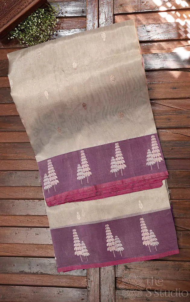 Grey banarasi tissue silk saree with purple border