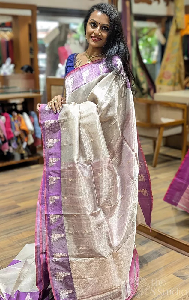 Grey banarasi tissue silk saree with purple border