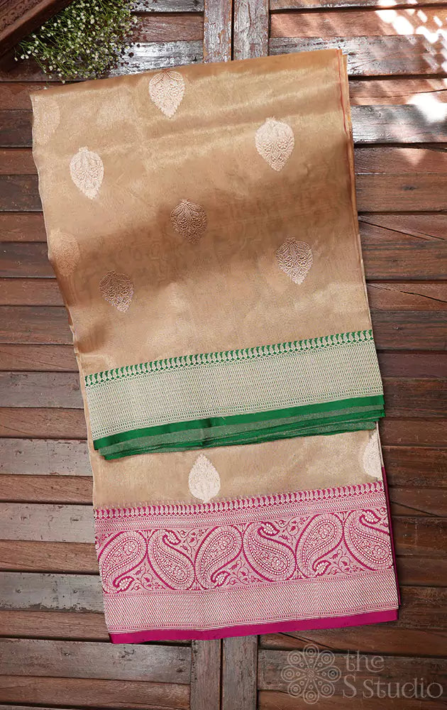 Beige banarasi tissue silk saree with ganga jamuna border