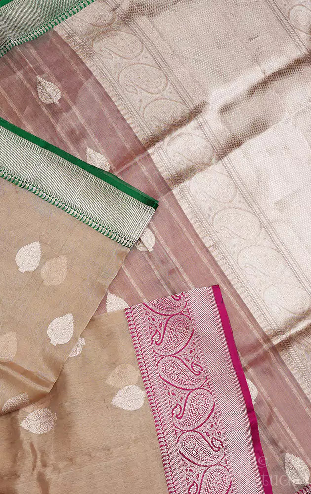 Beige banarasi tissue silk saree with ganga jamuna border