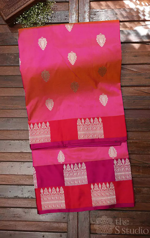 Peacish pink katan banarasi silk saree with double colour border