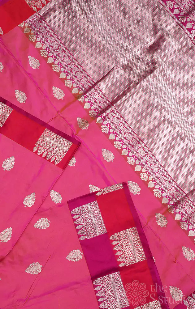 Peacish pink katan banarasi silk saree with double colour border