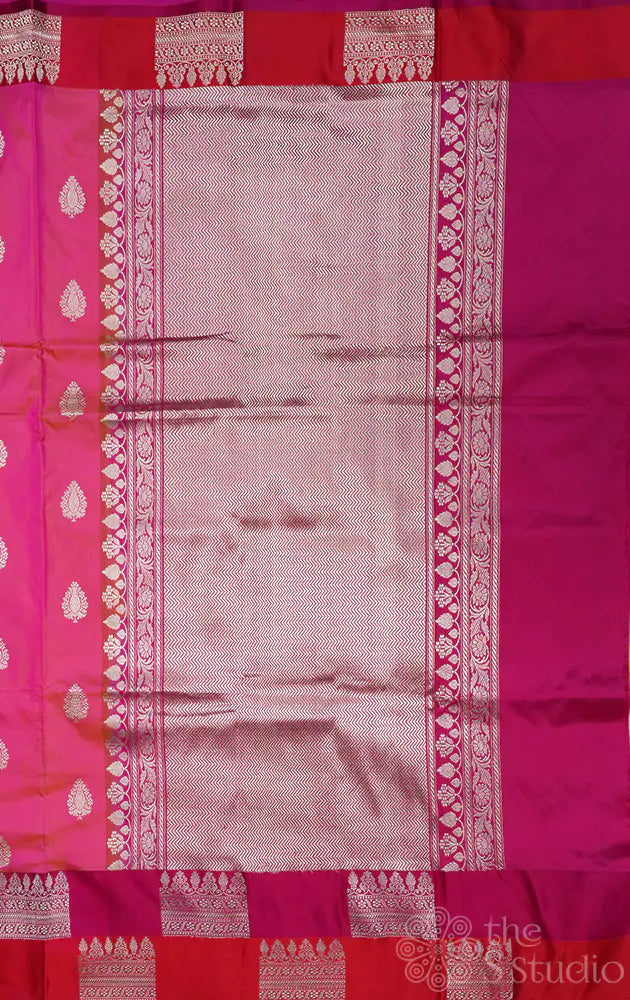 Peacish pink katan banarasi silk saree with double colour border