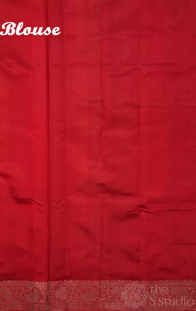 Beige handwoven tussar banarasi silk saree with red zari border