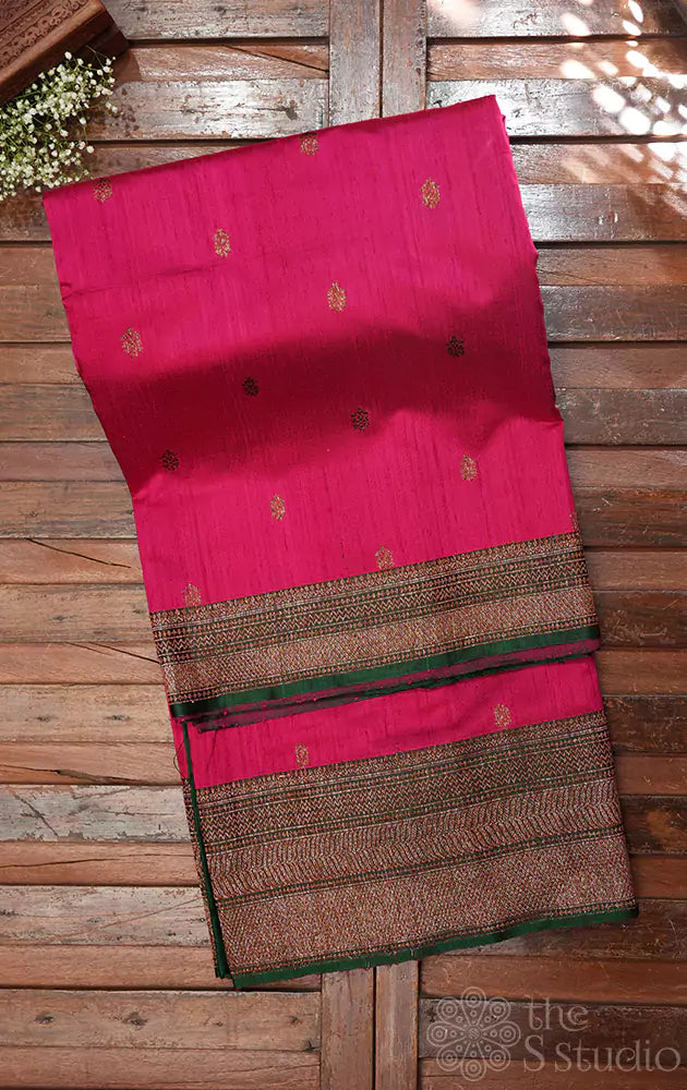 Magenta handloom raw silk banarasi saree with antique weaving