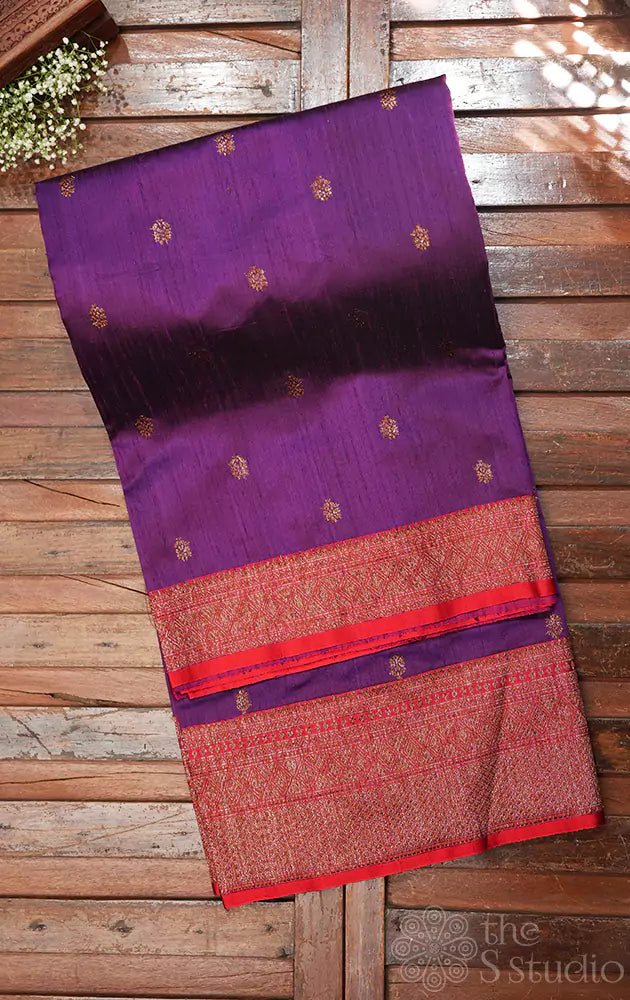 Violet handwoven raw silk banarasi saree with contrast red border