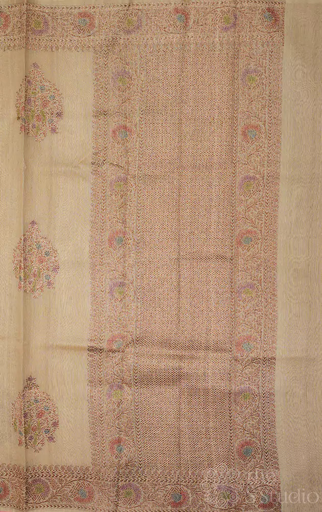 Beige handloom tussar banarasi silk saree with antique zari border