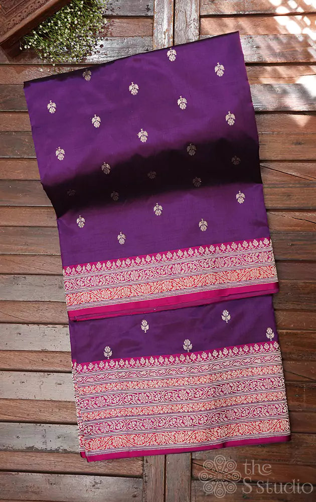 Purple katan banarasi silk saree with magenta silver zari border
