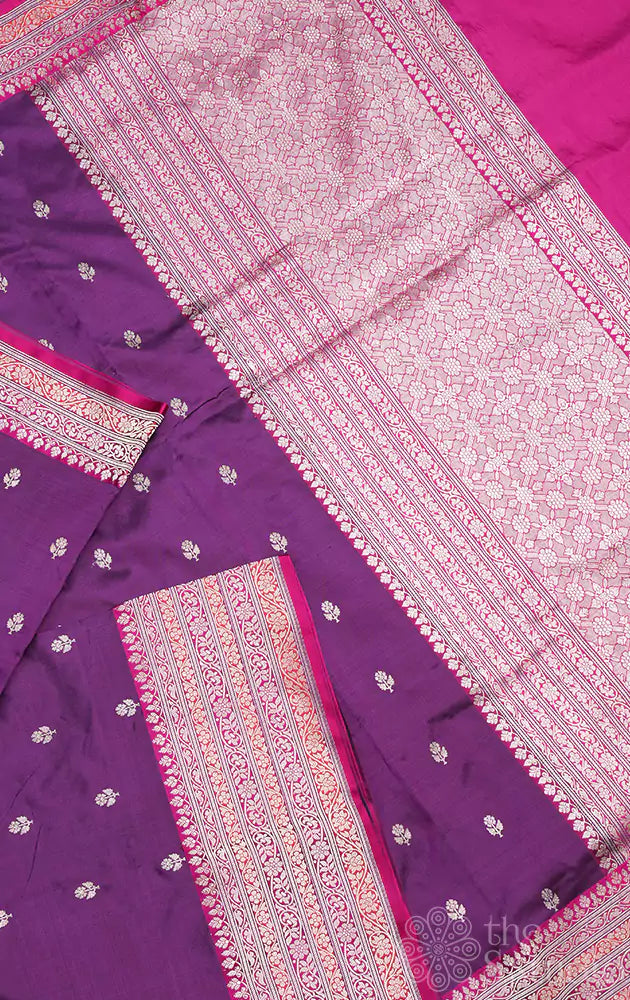 Purple katan banarasi silk saree with magenta silver zari border
