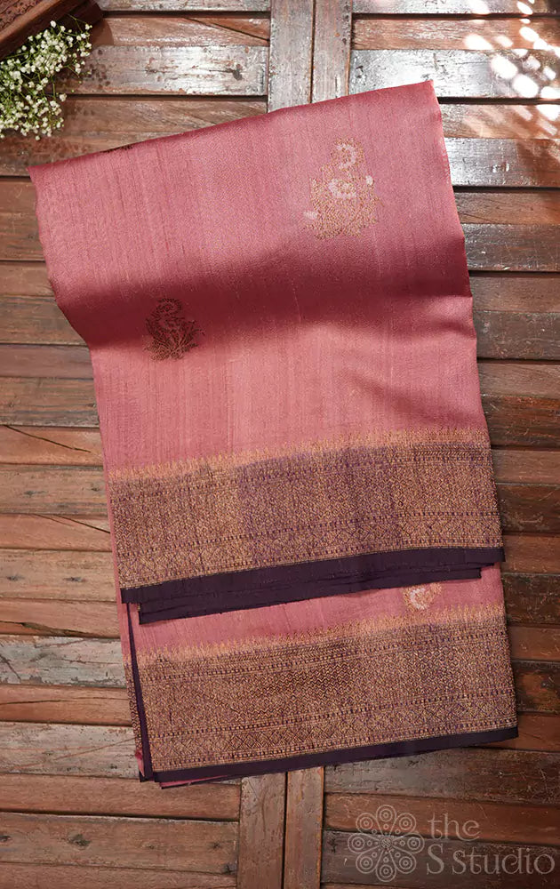Salmon pink tussar banarasi silk saree with brown border