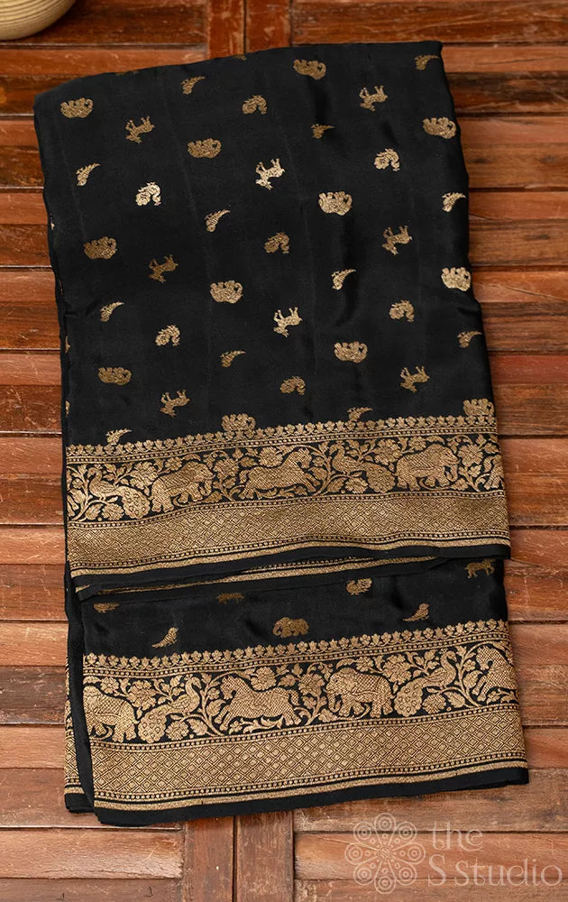 Black crepe banarasi silk saree with antique zari buttas and border