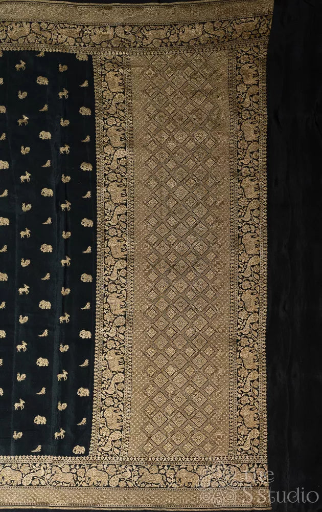 Black crepe banarasi silk saree with antique zari buttas and border