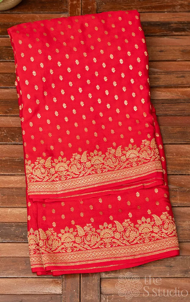 Red crepe banarasi silk saree with small antique zari buttas