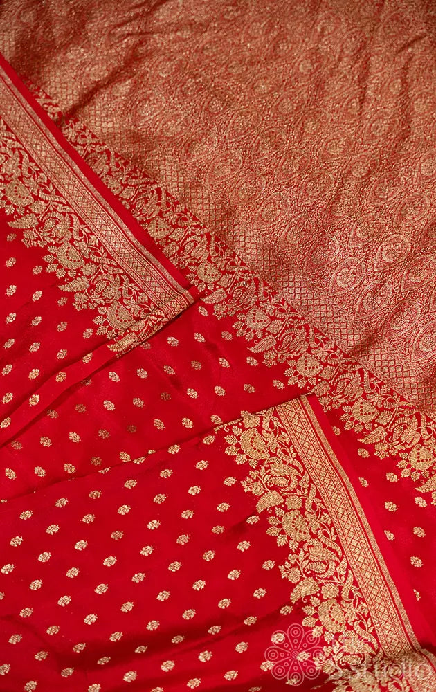 Red crepe banarasi silk saree with small antique zari buttas