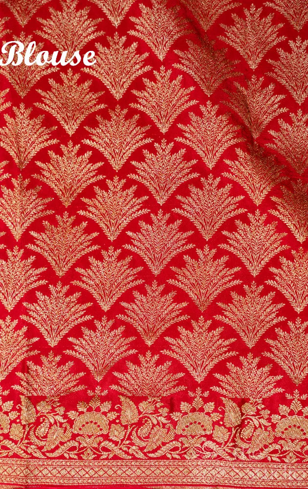 Red crepe banarasi silk saree with small antique zari buttas