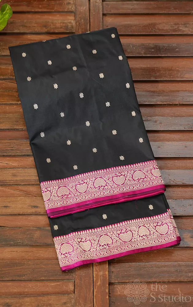 Black katan banarasi silk saree with rani pink border
