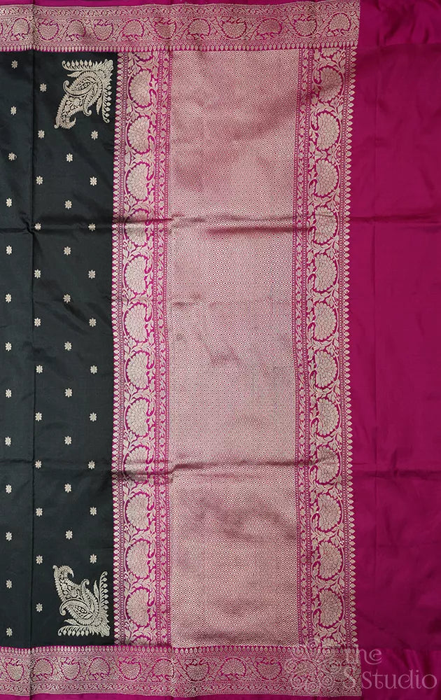 Black katan banarasi silk saree with rani pink border